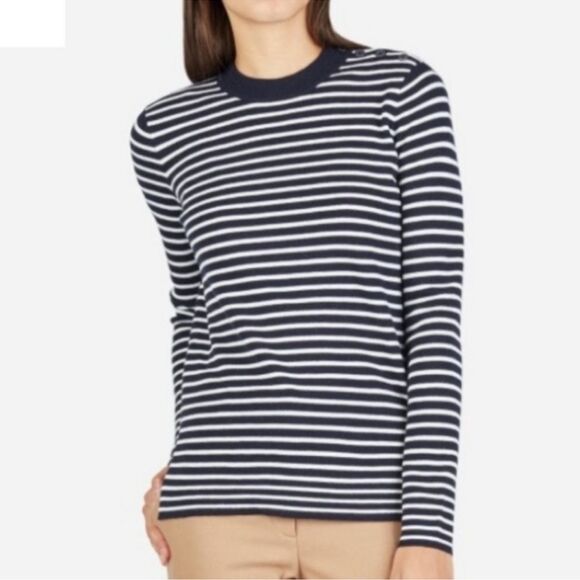 EVERLANE 100% Wool Striped Button
Shoulder Knit Sweater Navy White Sz XS - Picture 1 of 13